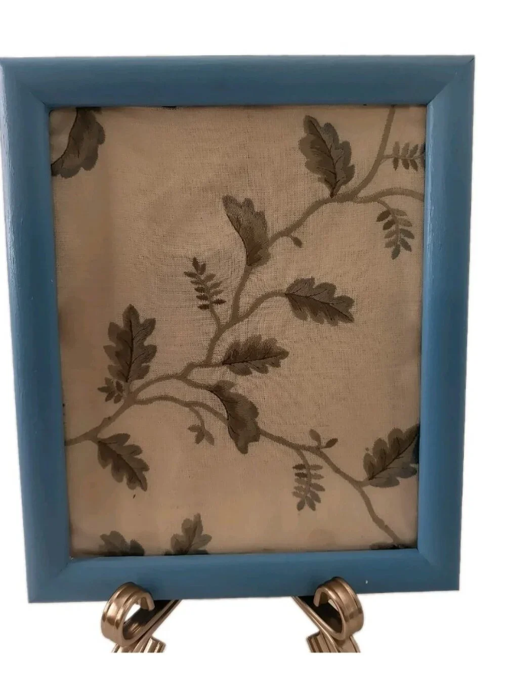 Vintage Embroidered Fabric Art Set 1980s Curtain Framed Botanical Blue Frames